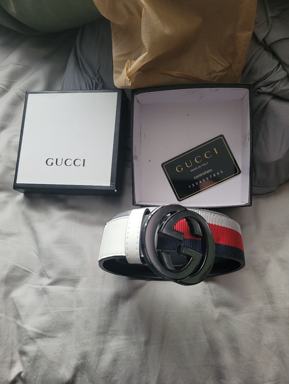 Gucci White Leather Belt with Red & Blue Web Stripe and Black Double G Buckle